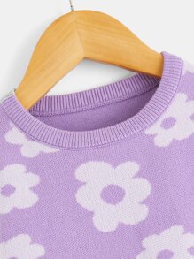Toddler Girls Floral Pattern Plicated Detail Drop Shoulder Jumper - Lilac Purple - View 3