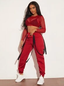 SHEIN SXY de malla Top corto & con bolsillo con solapa Pantalones cargo sin sujetador - Rojo - Ver 3