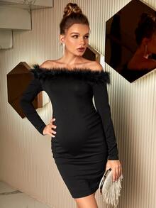 SHEIN Váy Bà bầu Tương phản lông thú giả màu trơn Buổi tiệc - màu đen - Xem 5