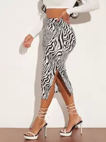 SHEIN SXY Zebra Striped Split Thigh Skirt - Black and White - View 5