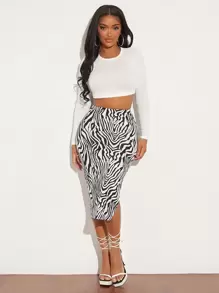 SHEIN SXY Zebra Striped Split Thigh Skirt - Black and White - View 6
