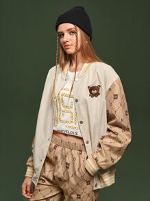 Manfinity 1pc Cartoon Embroidered Striped Trim Drop Shoulder Varsity Jacket - Khaki - View 4