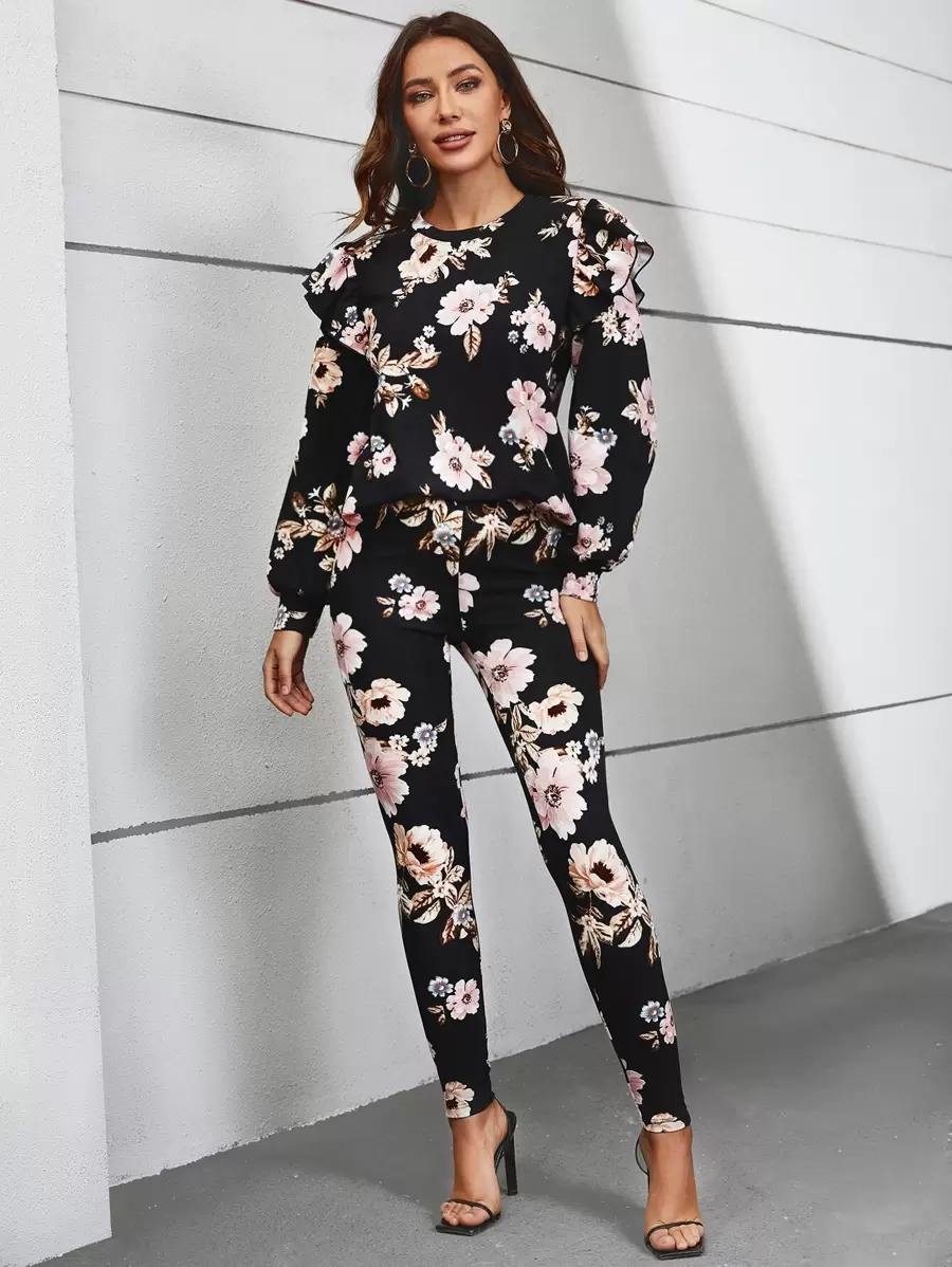 SHEIN Clasi Floral Print Ruffle Trim Top & Pants - Black - View 1