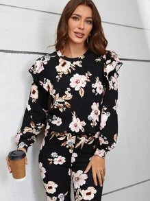 SHEIN Clasi Floral Print Ruffle Trim Top & Pants - Black - View 3