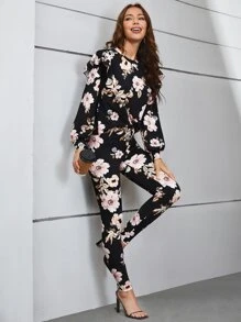 SHEIN Clasi Floral Print Ruffle Trim Top & Pants - Black - View 5