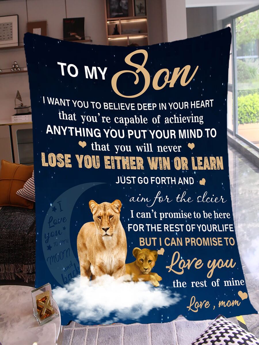 1pc Lion & Slogan Graphic Blanket, Modern Flannelette Sofa Throw Blanket For Home - Multicolor - View 1