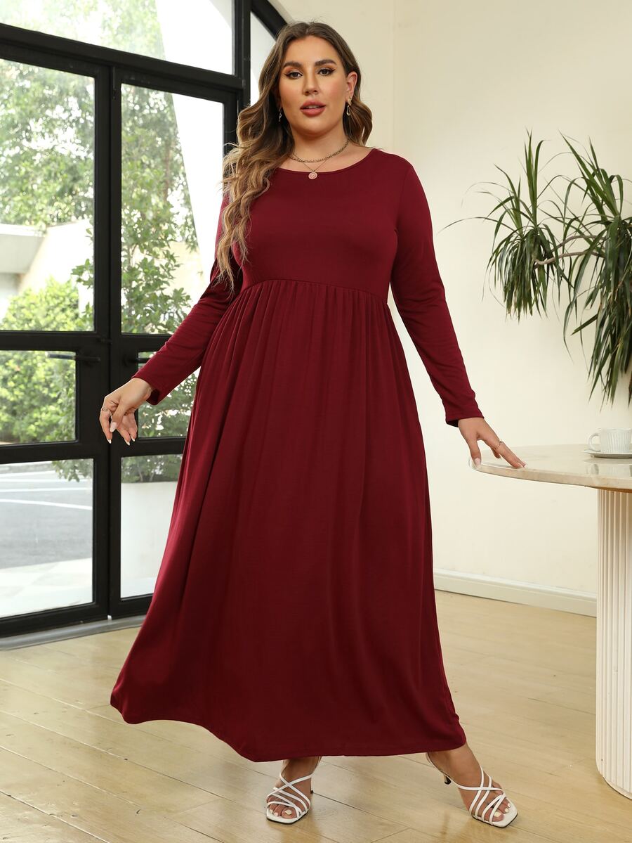 Plus Solid Smock Dress - Burgundy - View 1