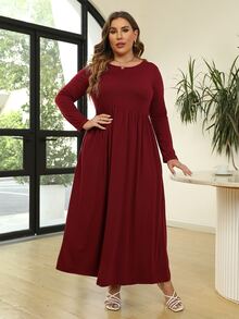 Plus Solid Smock Dress - Burgundy - View 3