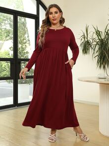 Plus Solid Smock Dress - Burgundy - View 5