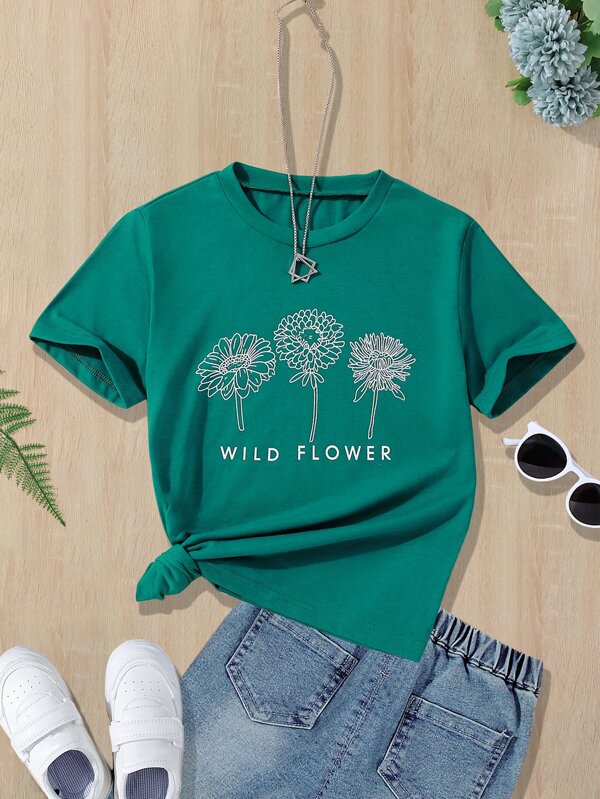 Tween Girl Floral & Letter Graphic Tee Summer Holiday