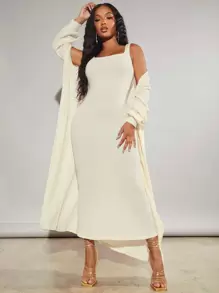SHEIN SXY 素色緊身連衣裙和開門襟外套 - 米色 - 查看 4