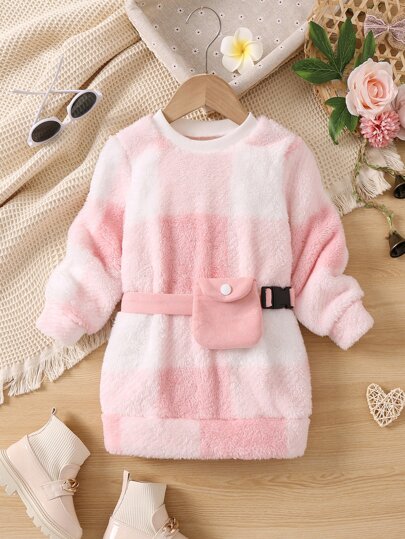 Young Girl Buffalo Plaid Teddy Sweatshirt Dress & Belt Bag