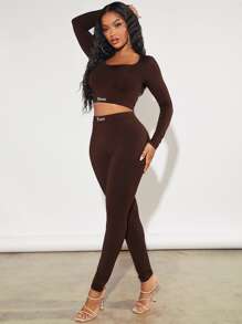 SHEIN SXY 字母圖案短款T恤和緊身打底褲 - 巧克力棕 - 查看 3