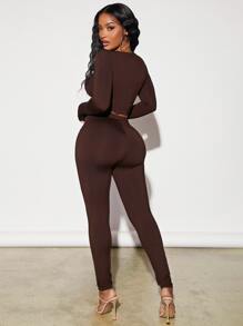 SHEIN SXY 字母圖案短款T恤和緊身打底褲 - 巧克力棕 - 查看 2