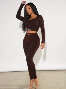 SHEIN SXY 字母圖案短款T恤和緊身打底褲 - 巧克力棕 - 查看 4