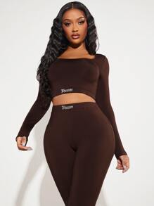 SHEIN SXY 字母圖案短款T恤和緊身打底褲 - 巧克力棕 - 查看 5