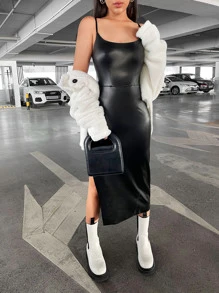 SHEIN ICON Split Thigh PU Leather Cami Dress - Black - View 1