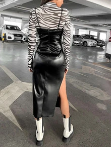 SHEIN ICON Split Thigh PU Leather Cami Dress - Black - View 2