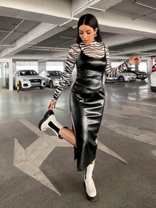 SHEIN ICON Split Thigh PU Leather Cami Dress - Black - View 5