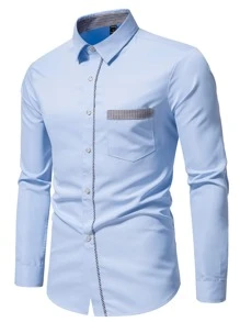 Manfinity Mode 男士格紋印花口袋貼布襯衫 - 淺藍色 - 查看 1