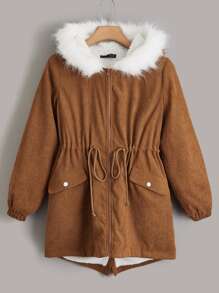 SHEIN EZwear Women's Faux Fur Patchwork Hooded Long Sleeve Padded Coat (Fake Fur) - Brown - View 2