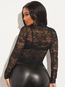 SHEIN SXY Mock Neck Sheer Lace Top Without Bra - Black - View 2