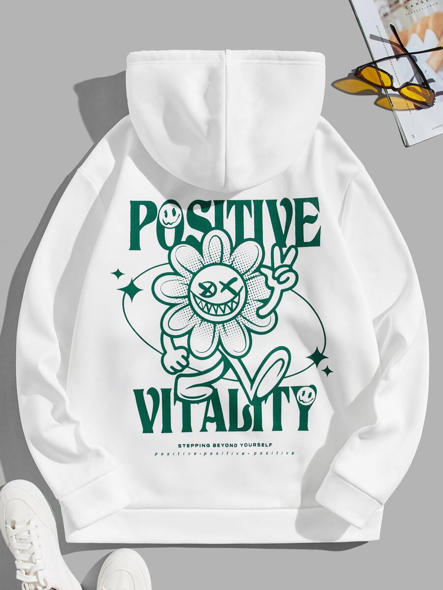 Manfinity VCAY Men Plus Slogan & Cartoon Graphic Pocket Drawstring Thermal Hoodie, For Fall Winter - White - View 1