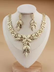 Vòng cổ & Bông tai thả trang trí hình lá - Vàng - Xem 1