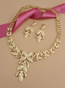 Vòng cổ & Bông tai thả trang trí hình lá - Vàng - Xem 2