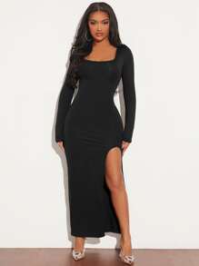 SHEIN SXY Square Neck Split Thigh Dress - Black - View 3