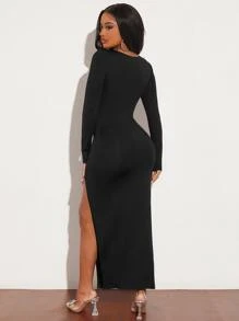 SHEIN SXY Square Neck Split Thigh Dress - Black - View 2