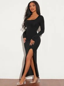 SHEIN SXY Square Neck Split Thigh Dress - Black - View 4