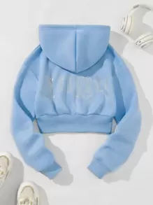 SHEIN Unity Rhinestone Letter Pattern Drawstring Zip Up Crop Thermal Hoodie Graduation,Back To School,Graduation,Teacher For Women,Back To School Fall Sweatshirt - Baby Blue - View 1