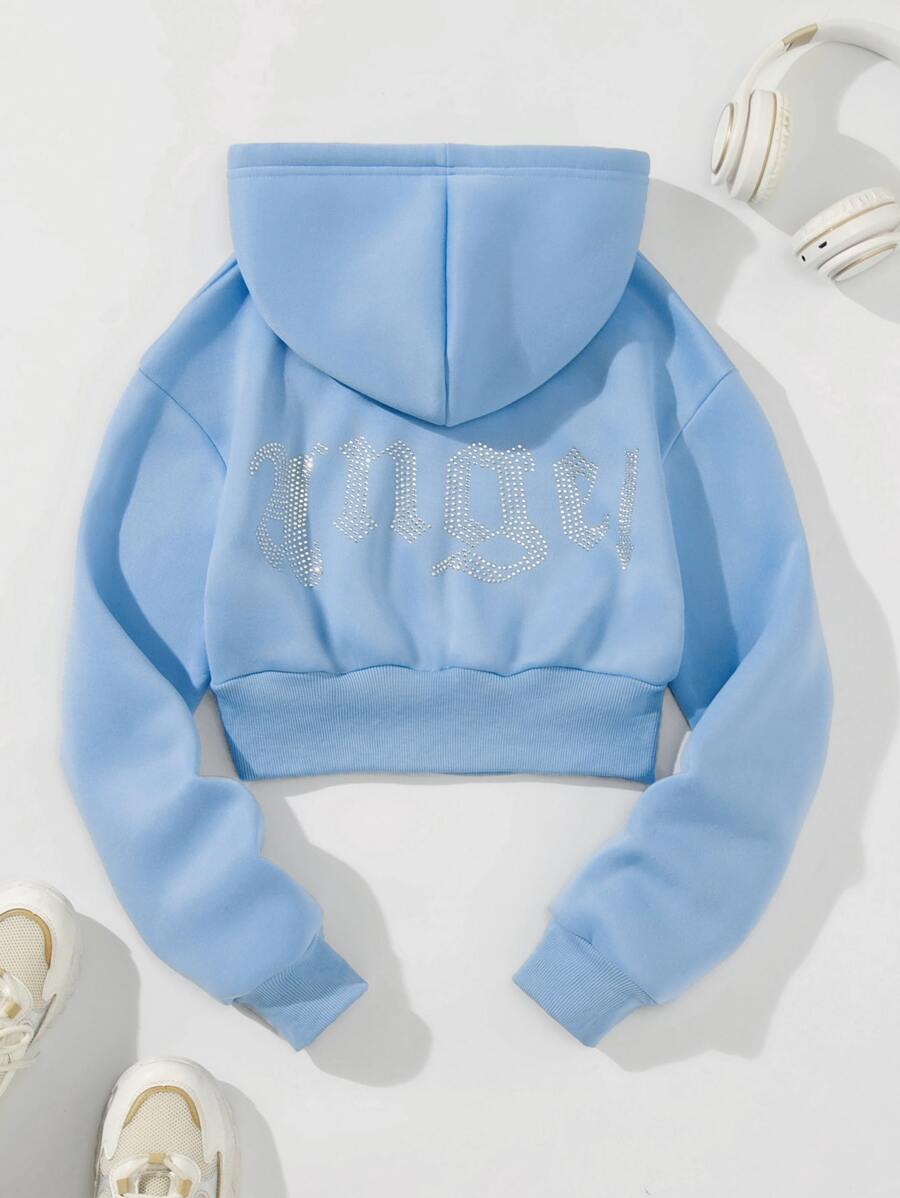 SHEIN Unity Rhinestone Letter Pattern Drawstring Zip Up Crop Thermal Hoodie Graduation,Back To School,Graduation,Teacher For Women,Back To School Fall Sweatshirt - Baby Blue - View 1