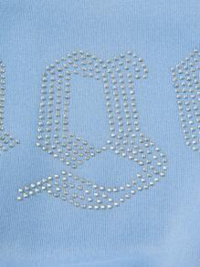 SHEIN Unity Rhinestone Letter Pattern Drawstring Zip Up Crop Thermal Hoodie Graduation,Back To School,Graduation,Teacher For Women,Back To School Fall Sweatshirt - Baby Blue - View 4