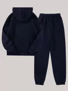 SHEIN LUNE Letter Graphic Drawstring Thermal Hoodie & Joggers - Navy Blue - View 2