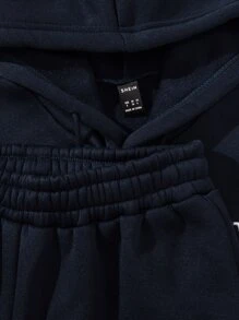 SHEIN LUNE Letter Graphic Drawstring Thermal Hoodie & Joggers - Navy Blue - View 6