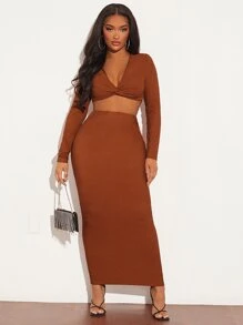 SHEIN SXY Twist Front Crop Top & Pencil Skirt Set - Brown - View 1