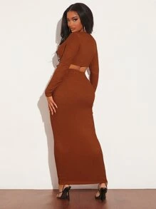 SHEIN SXY Twist Front Crop Top & Pencil Skirt Set - Brown - View 2