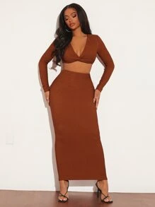 SHEIN SXY Twist Front Crop Top & Pencil Skirt Set - Brown - View 4