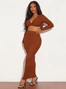 SHEIN SXY Twist Front Crop Top & Pencil Skirt Set - Brown - View 5