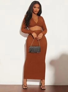 SHEIN SXY Twist Front Crop Top & Pencil Skirt Set - Brown - View 3