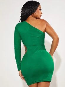 SHEIN SXY One Shoulder Cut Out Ruched Bodycon Dress - Green - View 3