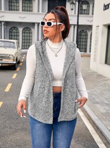 SHEIN EZwear Plus Open Front Hooded Flannel Vest Jacket - Grey - View 1
