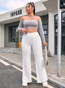 SHEIN EZwear 大碼高腰喇叭褲 - 白色 - 查看 5