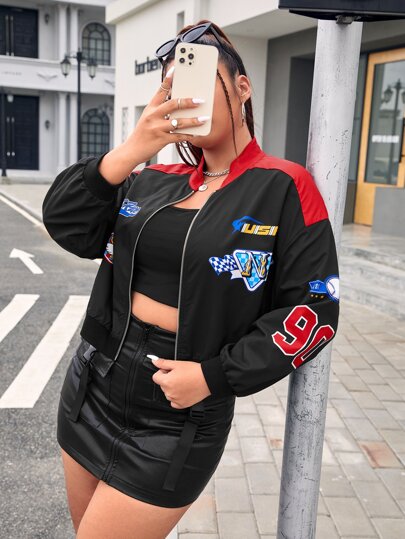 Plus Letter Graphic Colorblock Drop Shoulder Bomber Jacket