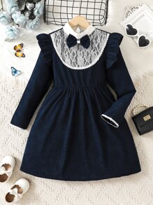 Niñas Vestido con encaje en contraste ribete con fruncido con lazo delantero - Azul Marino - Ver 1