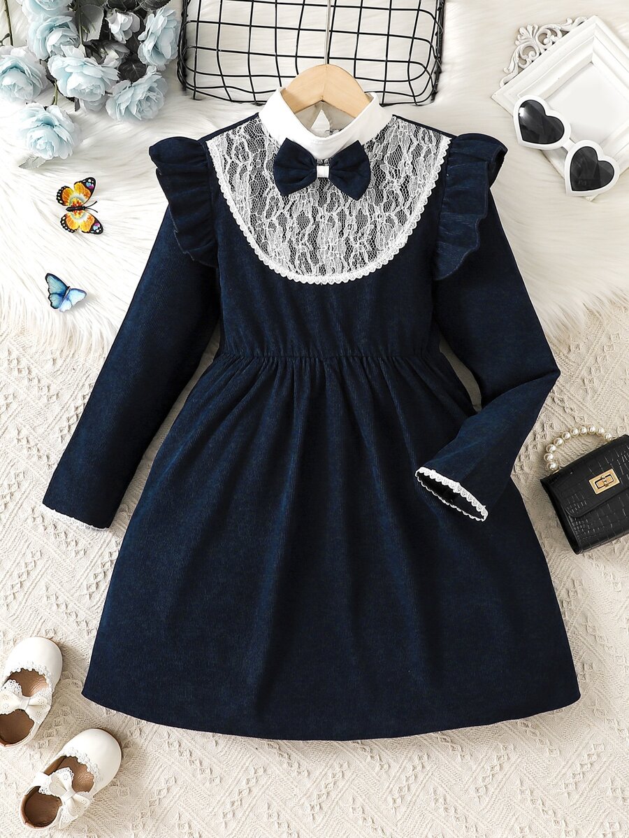 Niñas Vestido con encaje en contraste ribete con fruncido con lazo delantero - Azul Marino - Ver 1