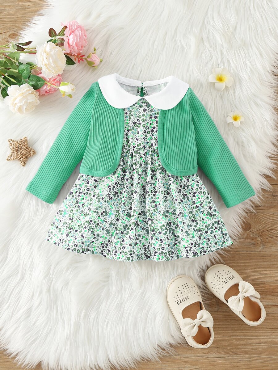 Bebé Vestido smock floral de cuello en contraste & Cazadora - Verde - Ver 1