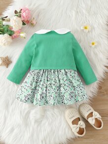 Bebé Vestido smock floral de cuello en contraste & Cazadora - Verde - Ver 2